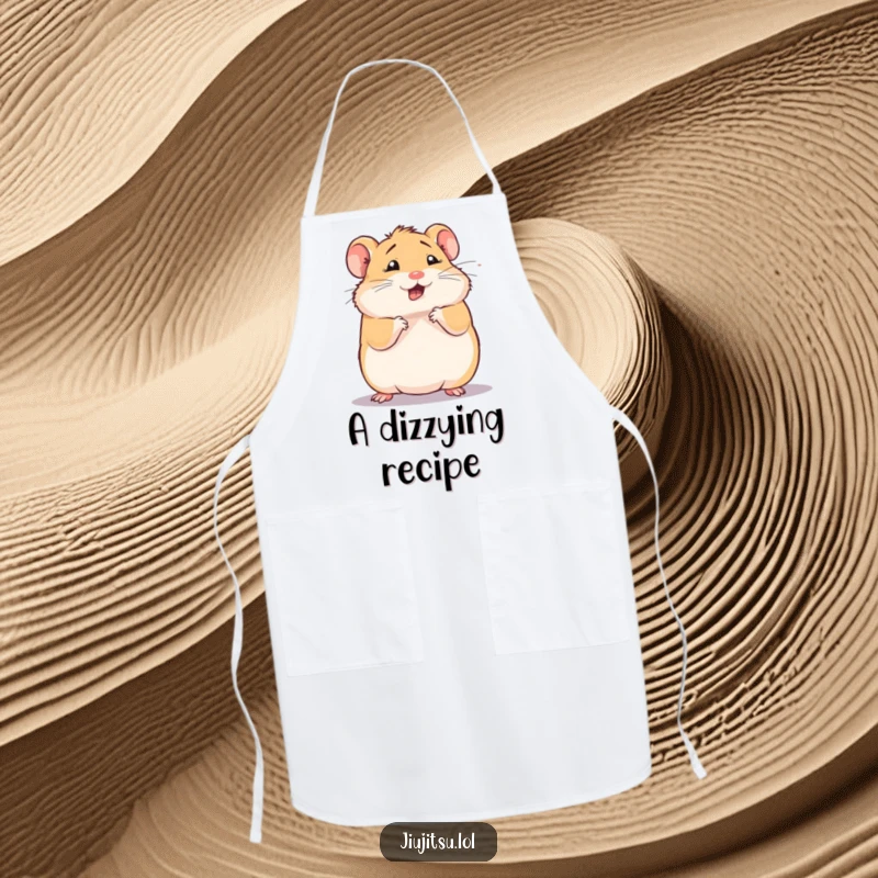 Funny hamster apron, squishy animal performing a comical defensive roll while cooking, looking dizzy, ideal for kitchen humor and funny gifts.
