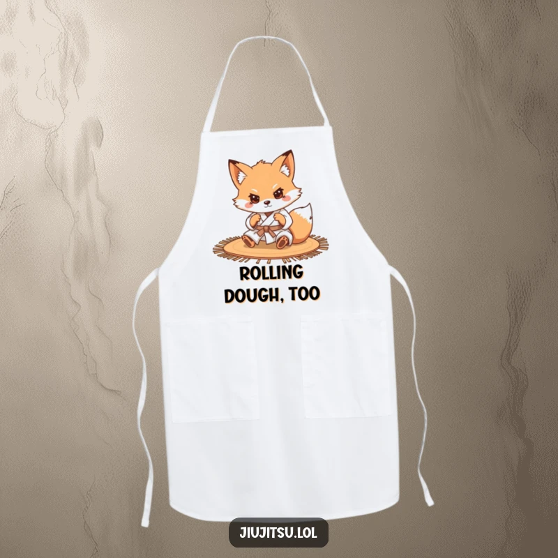 Funny Determined Fox Judo Apron: A determined fox in a judo gi rolls on a mat while cooking, adding humor to kitchen efforts.