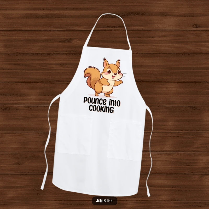 Funny Energetic Squirrel Judo Apron: An energetic squirrel in a judo gi playfully pounces while cooking, adding humor to kitchen adventures.