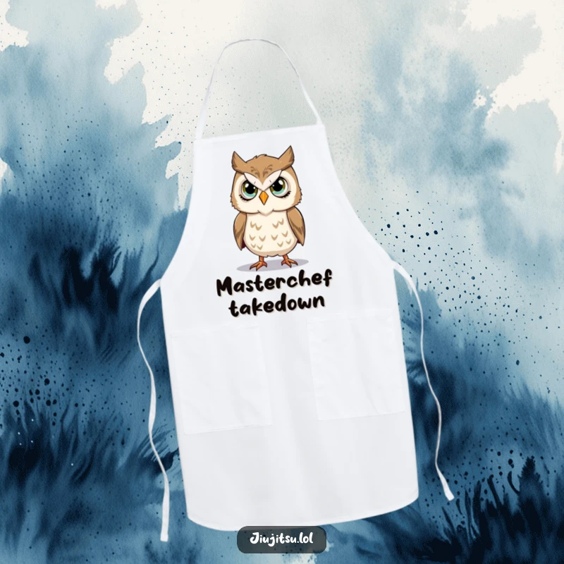 Funny Owl Takedown Apron showing a stoic owl with earnest eyes practicing a simple takedown, ready for kitchen battles with humor.