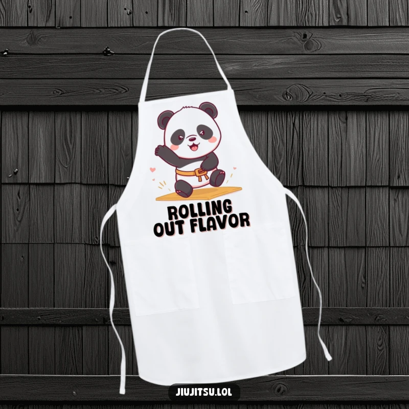 Funny Panda Belt Apron with a determined panda in a belt rolling into a mat sweep, functional and a funny gift.