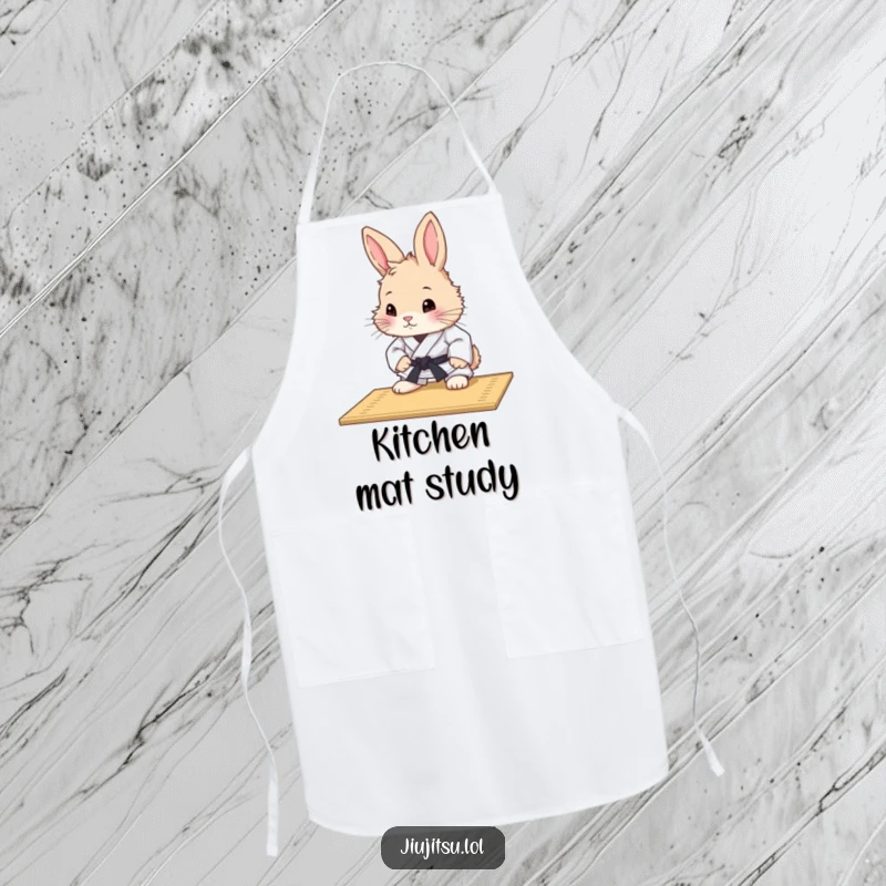 Funny Rabbit Judo Mat Study Apron: A curious rabbit in a judo gi studies a mat before cooking, adding humor to the learning process.