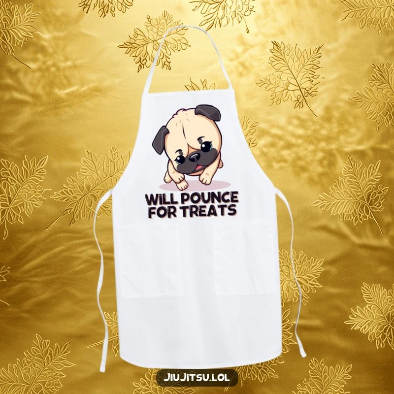 Funny Pug Apron: A cheerful pug in a playful pounce, designed for kitchen fun and adding humor to cooking tasks.
