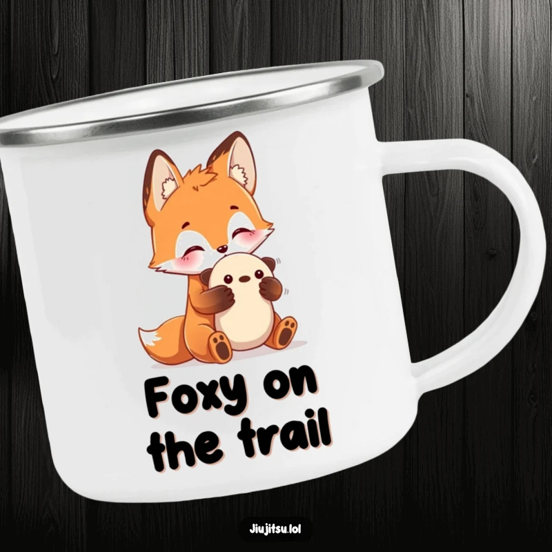 Funny Fox Submission Camping Mug showing a curious fox practicing a submission hold on a plush toy, durable and a funny gift.