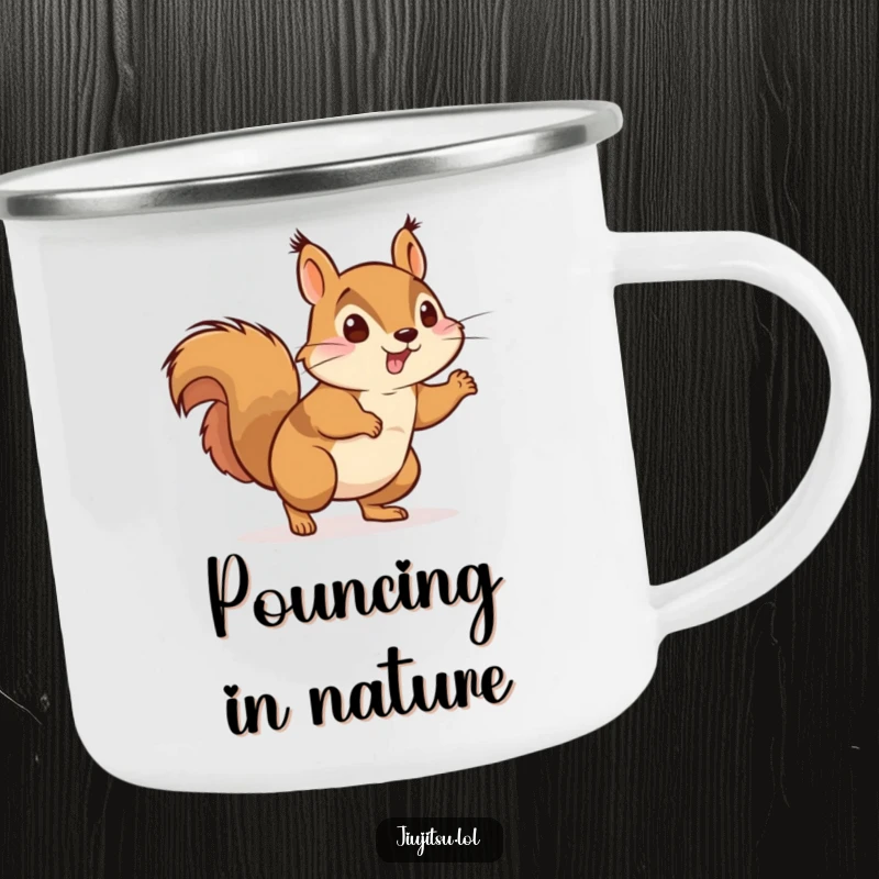 Funny Energetic Squirrel Judo Camping Mug: A sturdy mug with an energetic squirrel in a judo gi mid-pounce, ready for outdoor action.
