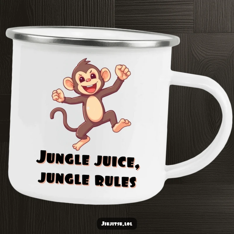 Funny Monkey Sparring Camping Mug with a mischievous monkey in a light sparring pose, perfect for enjoying drinks on the go.