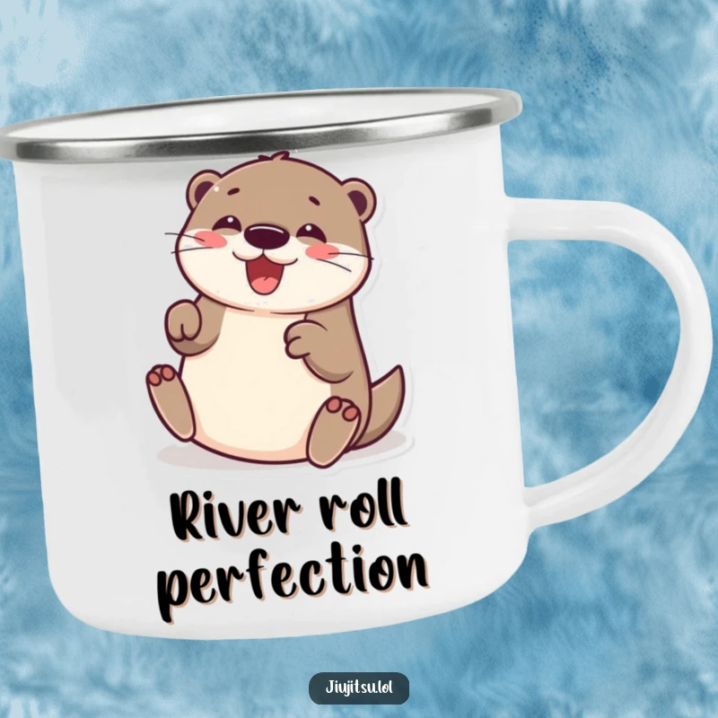 Funny Otter Camping Mug: A cheerful otter in a playful submission roll, looking delighted, for outdoor enjoyment.