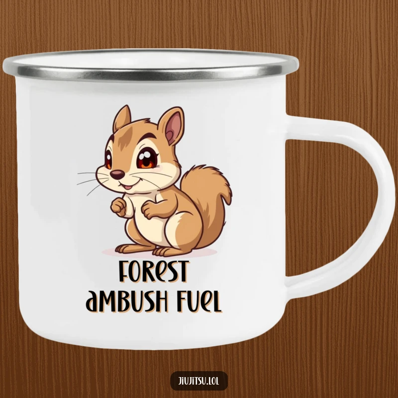 Funny Squirrel Camping Mug: A curious squirrel in a funny defensive crouch, eyes wide with playful anticipation, for outdoor enjoyment.