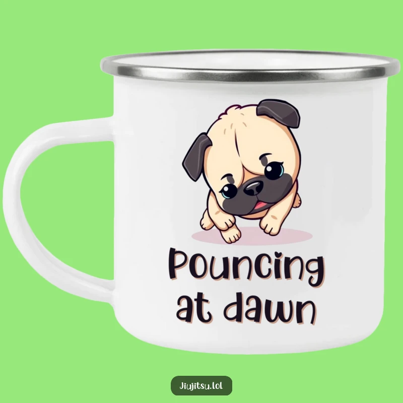Funny Pug Pounce Camping Mug: Energetic Outdoor Drinkware for Funny Gifts