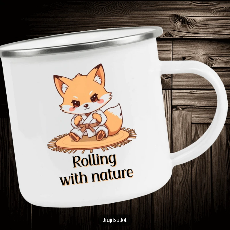 Funny Determined Fox Judo Camping Mug: A sturdy mug with a determined fox in a judo gi rolling on a mat, ready for outdoor training.