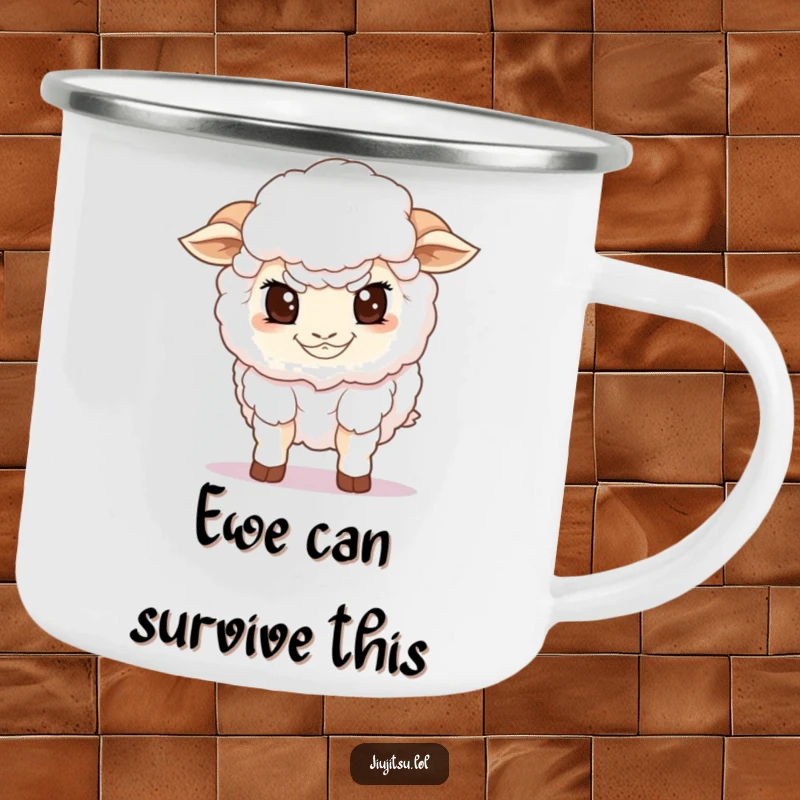 Funny Sheep Guard Camping Mug showing a determined fluffy sheep in a low guard stance, durable and a funny gift.