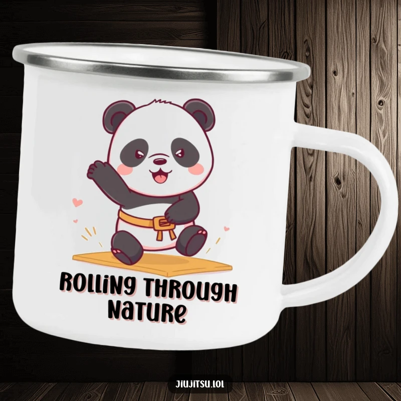 Funny Panda Belt Camping Mug showing a determined panda in a belt rolling into a mat sweep, durable and a funny gift.