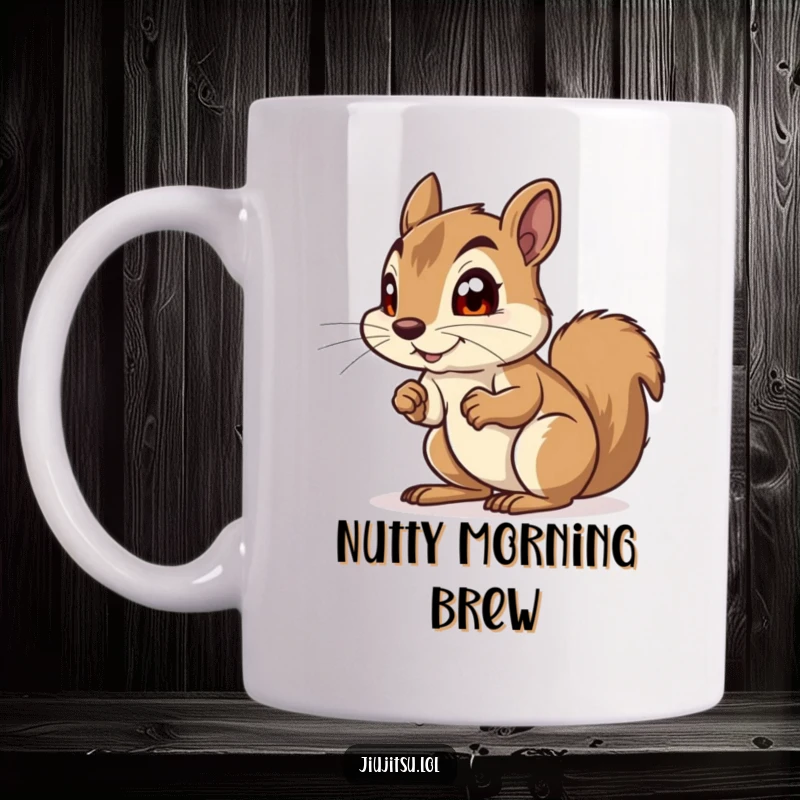 Funny Squirrel Mug: A curious squirrel in a defensive crouch, eyes wide with playful anticipation, hoarding acorns or plotting mischief.