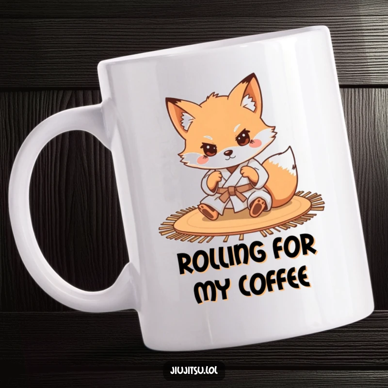 Funny Determined Fox Judo Mug: A tenacious fox in a judo gi diligently practices rolling techniques on a training mat with focus.