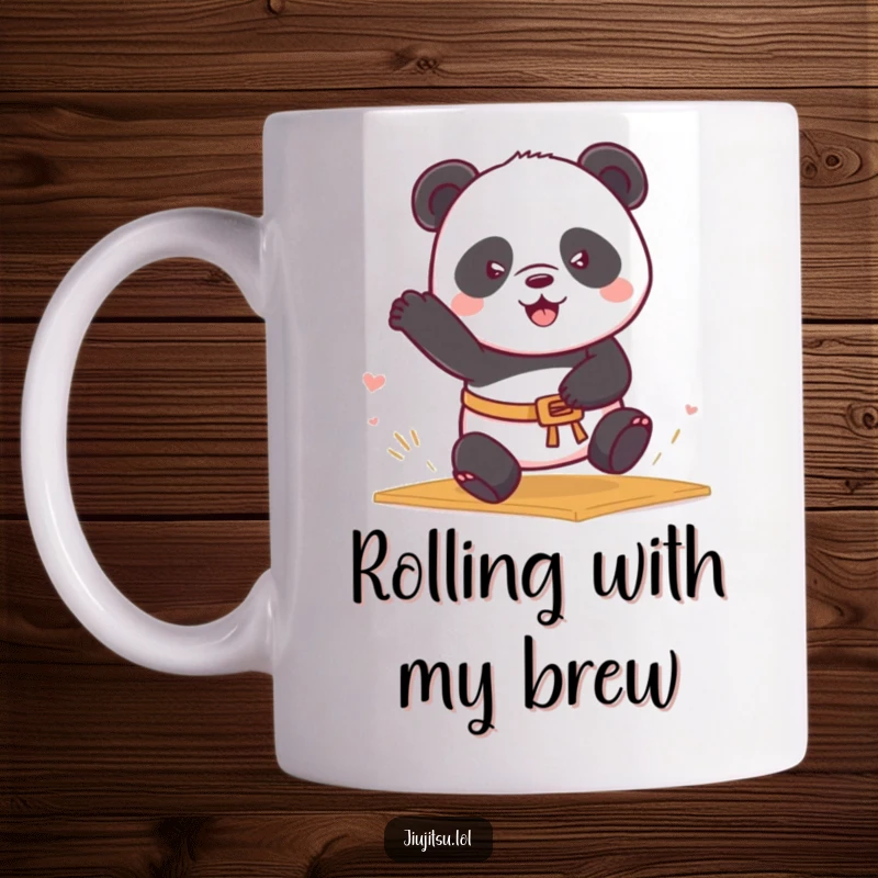Funny Panda Belt Mug with a determined panda wearing a belt rolling into a mat sweep, a humorous martial arts gift.