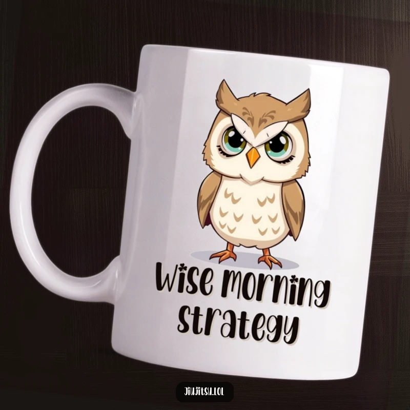 Funny Owl Takedown Mug featuring a stoic owl with earnest eyes practicing a simple takedown move, conveying focused humor.
