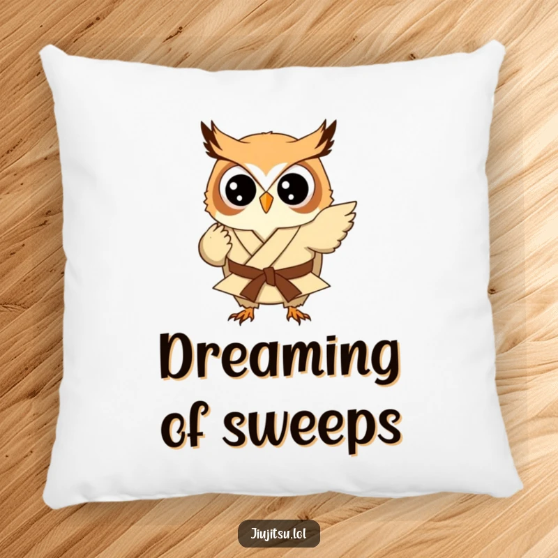 Funny Owl Judo Sweep Pillow: A small owl in a gi attempts a judo sweep, providing a soft, comfortable, and humorous touch.