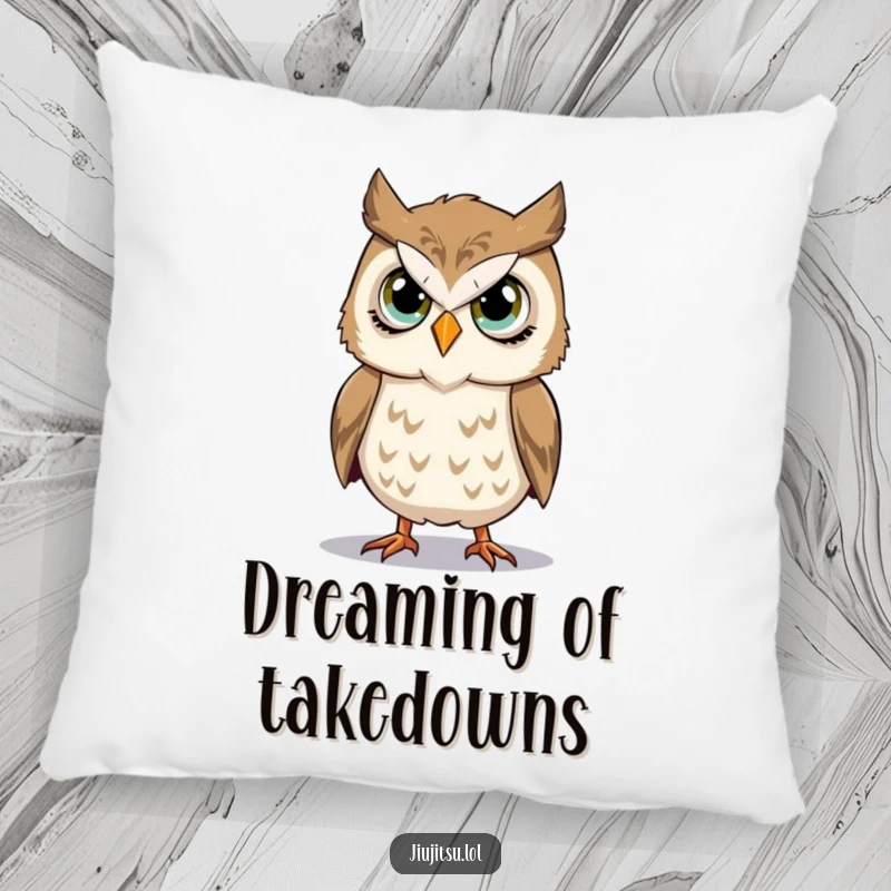 Funny Owl Takedown Pillow featuring a stoic owl with earnest eyes practicing a takedown, offering comfortable and humorous decor.