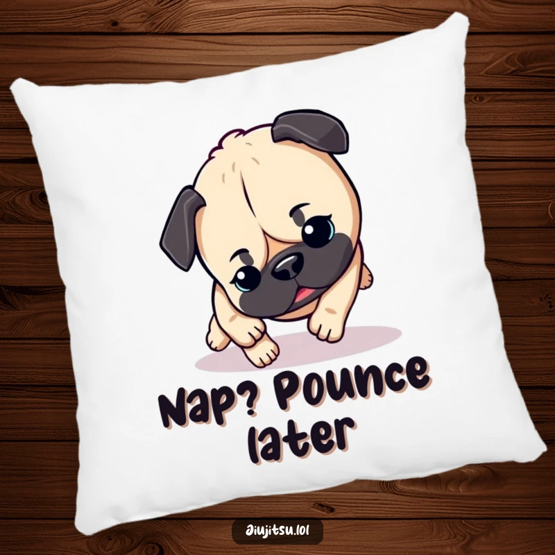 Funny Pug Pillow: A cute, energetic pug in a heroic pounce, bringing a humorous and cozy vibe to any room.