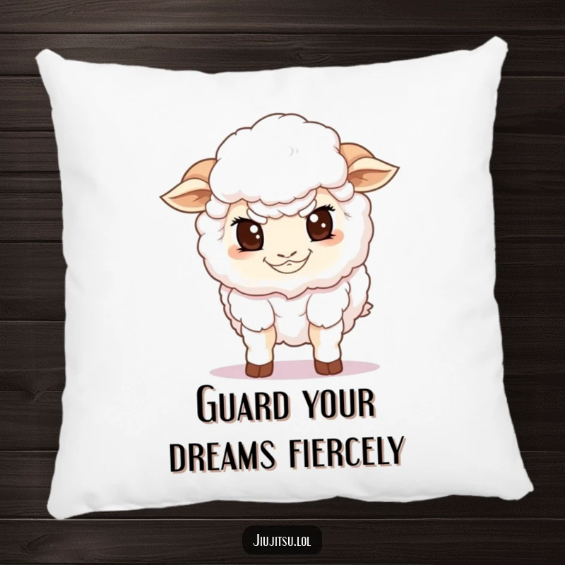 Funny Sheep Guard Pillow featuring a determined fluffy sheep in a low guard stance, soft and a funny gift.
