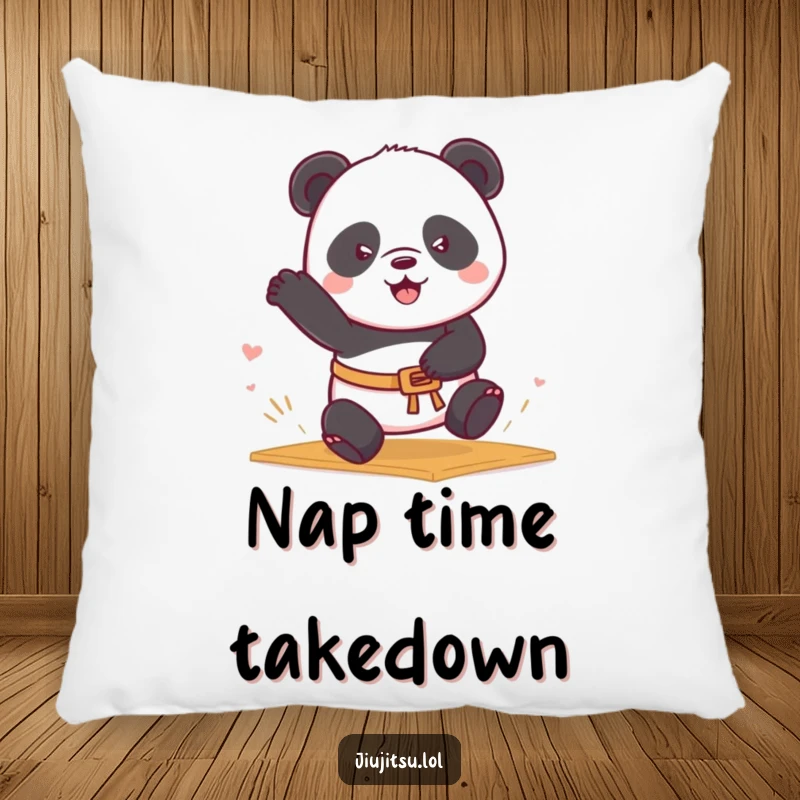 Funny Panda Belt Pillow featuring a determined panda in a belt rolling into a mat sweep, soft and a funny gift.