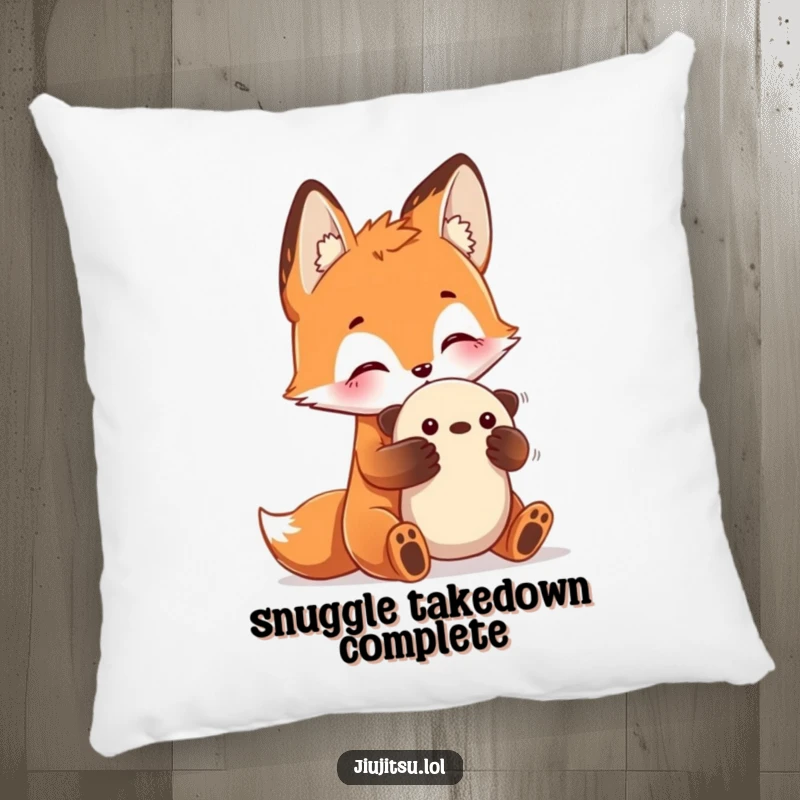 Funny Fox Submission Pillow featuring a curious fox practicing a submission hold on a plush toy, soft and a funny gift.