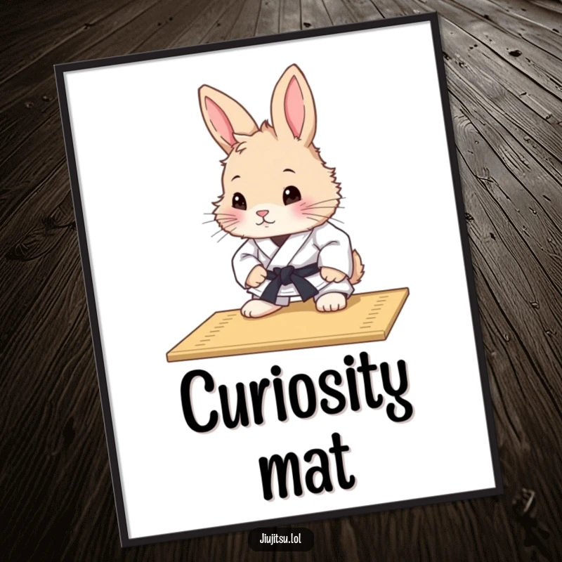 Funny Rabbit Judo Mat Study Digital Art Print: A high-resolution image of a curious rabbit in judo attire studying a mat, adding humorous contemplation.