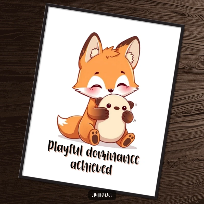 Funny Fox Submission Digital Art Print showing a curious fox practicing a submission hold on a plush toy, instant download, funny gift.