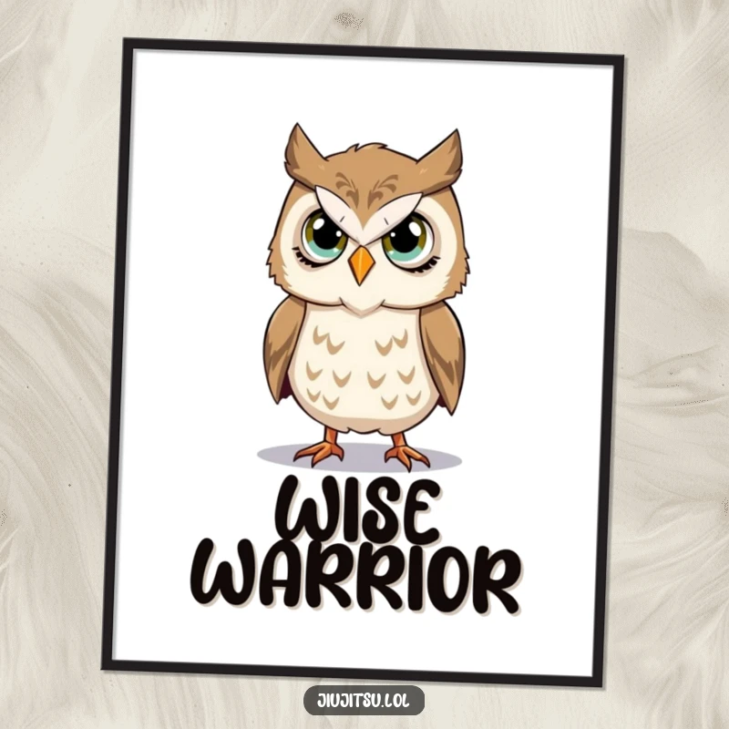 Funny Owl Takedown Digital Art Print showing a stoic owl with earnest eyes attempting a takedown, perfect for instant humorous wall decor.