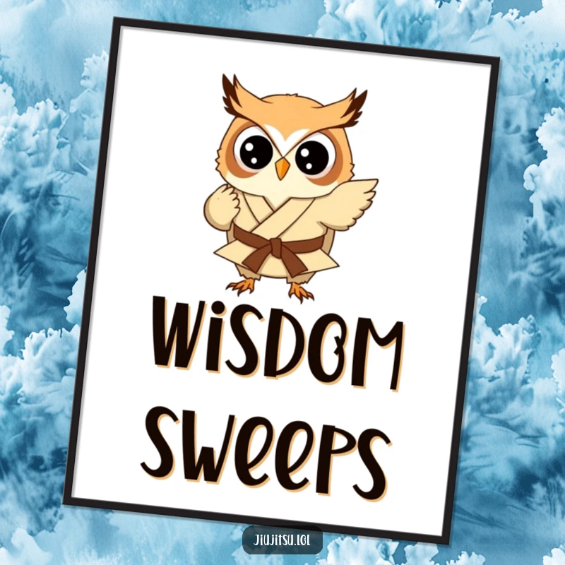 Funny Owl Judo Sweep Digital Art Print: A high-resolution image of a small owl in a judo gi mid-sweep, adding humorous martial arts action to any screen.