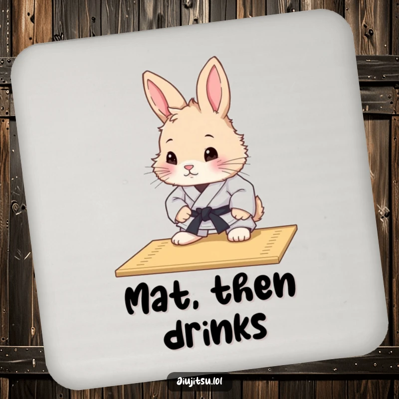 Funny Rabbit Judo Mat Study Drink Coaster: A curious rabbit in judo attire studies a mat, protecting your table with thoughtful humor.