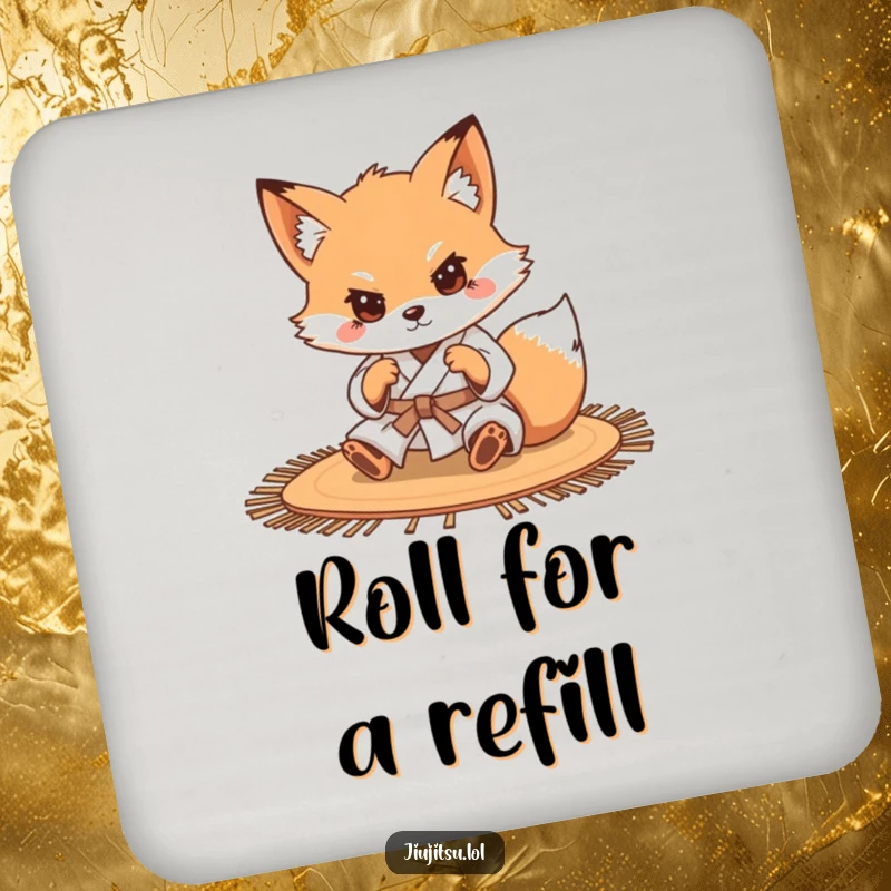 Funny Determined Fox Judo Drink Coaster: A determined fox in judo attire rolls on a mat, protecting your table with focused humor.