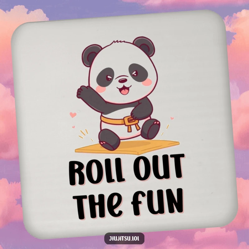 Funny Panda Belt Coasters depicting a determined panda in a belt rolling into a mat sweep, protective and a funny gift.