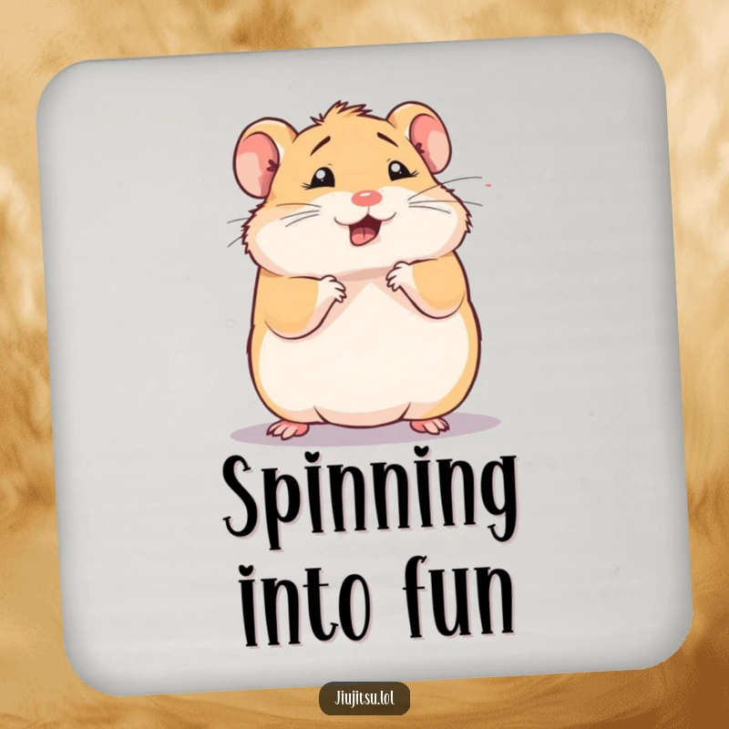 Funny hamster coaster, squishy animal performing a comical defensive roll, looking dizzy, protecting surfaces, ideal funny gift.