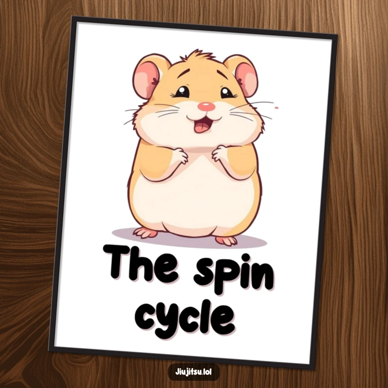 Funny hamster poster, squishy animal performing a comical defensive roll, looking dizzy, ideal funny gift.