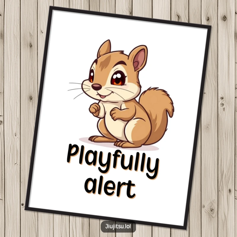Funny Squirrel Poster: Captures a curious squirrel in a hilarious defensive crouch, eyes wide with playful anticipation, perfect for decor.