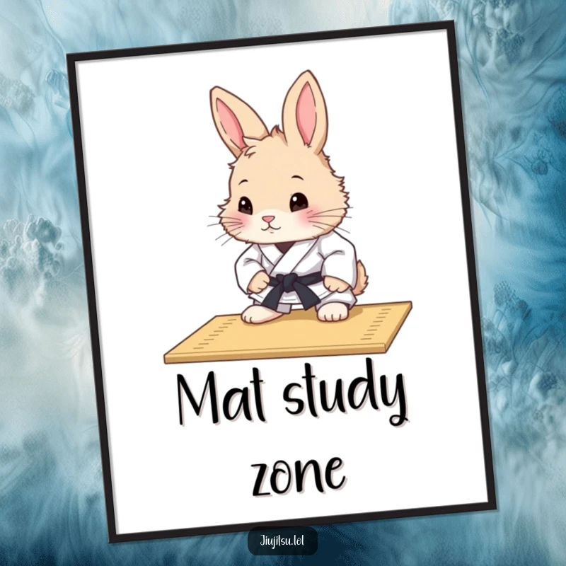 Funny Rabbit Judo Mat Study Poster: A fluffy rabbit in judo attire intently studies a mat, capturing a moment of deep curiosity and humor.