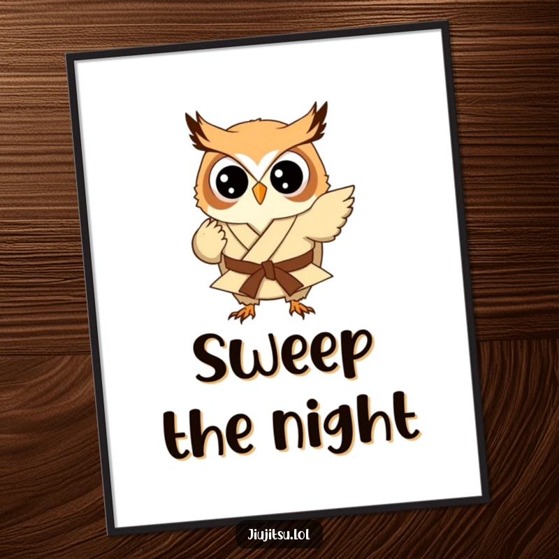 Funny Owl Judo Sweep Poster: A determined round owl in a miniature gi is captured mid-sweep, adding humorous martial arts action to your walls.