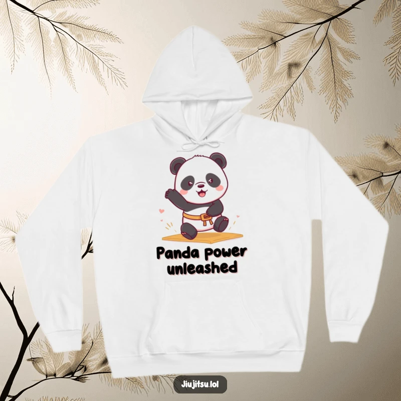 Funny Panda Belt Hoodie featuring a determined panda in a belt rolling into a mat sweep, ideal for training and a funny gift.