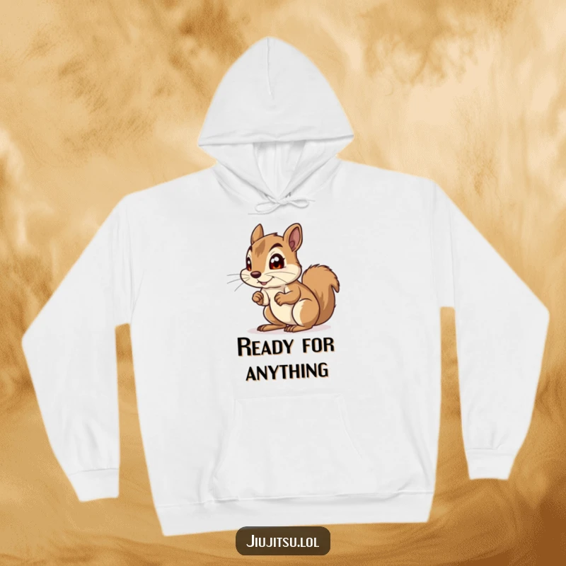 Funny Squirrel Hoodie: Features a curious squirrel in a defensive crouch, eyes wide with playful anticipation, ready for snacks.