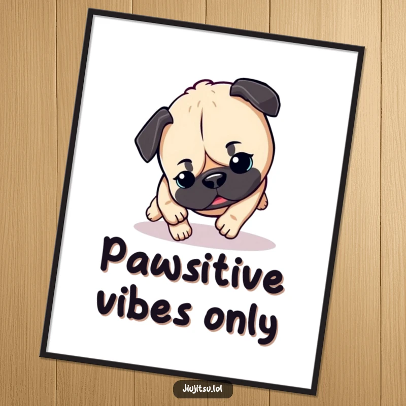 Funny Free Printable Wall Art: An energetic pug caught mid-pounce, radiating pure joy and playful spirit for your home decor.