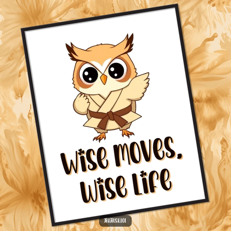 Funny Free Printable Wall Art: A small, round owl wearing a gi playfully attempts a judo sweep. Cute downloadable decor.
