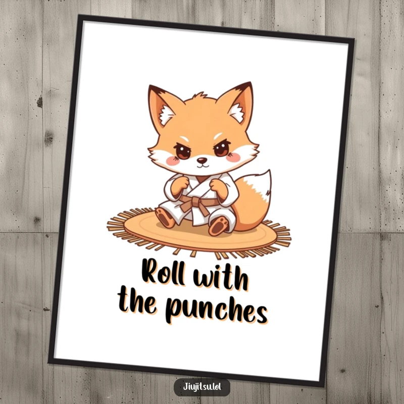 Funny Free Printable Wall Art: A determined little fox in a gi skillfully rolls on a mat. Dynamic downloadable decor.