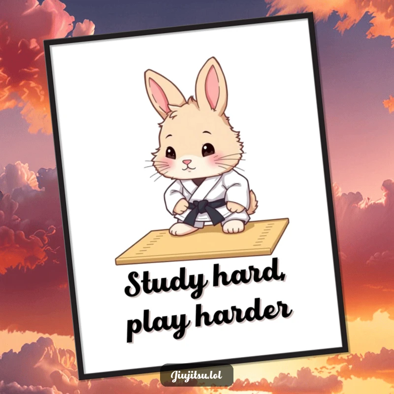Funny Free Printable Wall Art: A curious, fluffy rabbit in a judo uniform studying a mat. Quirky downloadable decor.