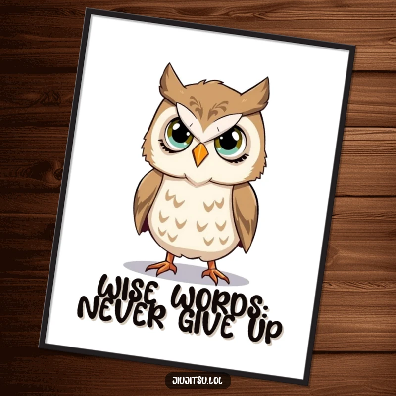 Funny Free Printable Wall Art: Stoic owl with earnest eyes, practicing a takedown, humorous and wise decor.