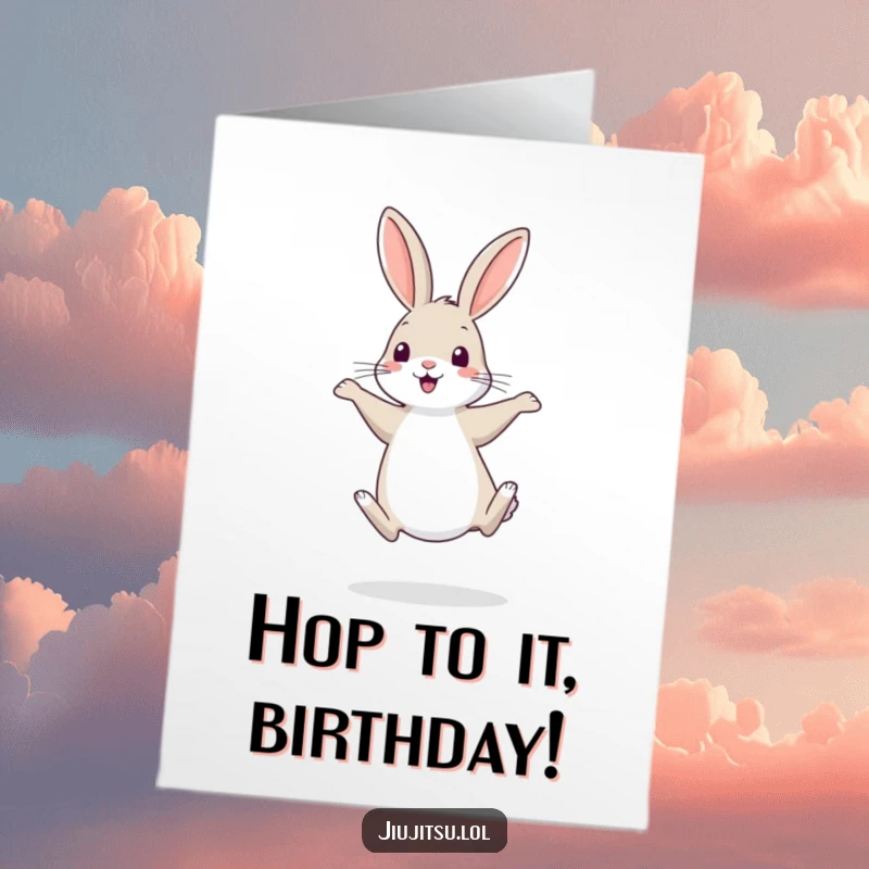 Funny Free Printable Birthday Card: A shy rabbit balancing on hind legs, practicing a comical retreat, wishing you a happy birthday.