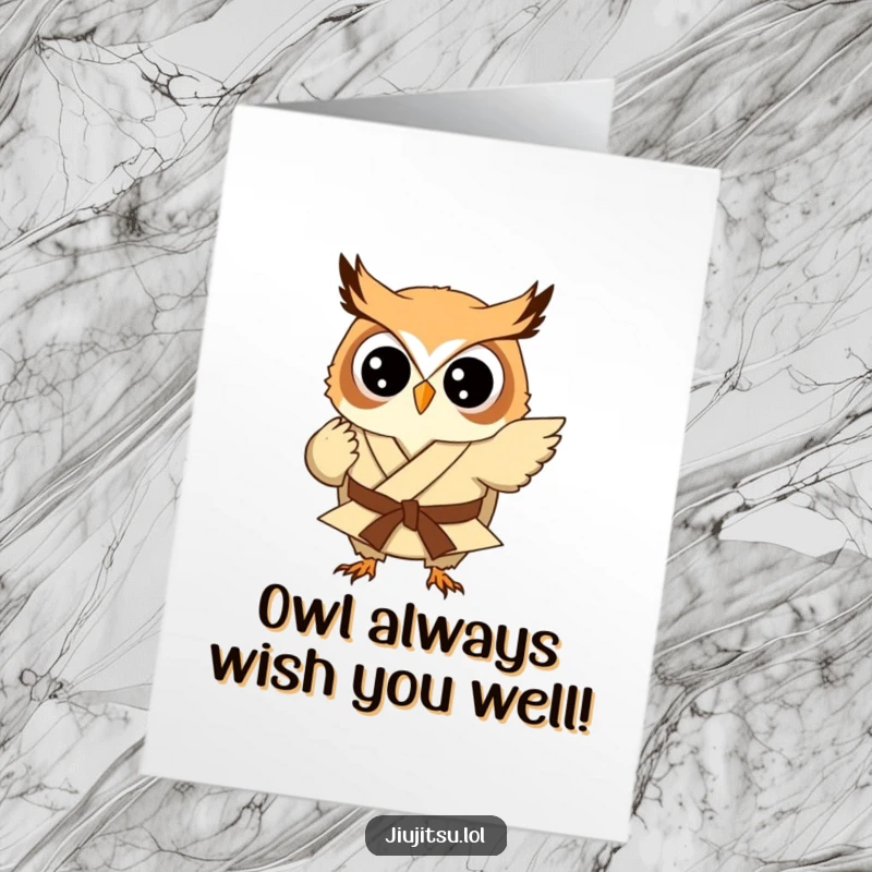 Funny Free Printable Birthday Card: A small round owl in a tiny gi playfully attempts a judo sweep. Hilarious downloadable art.