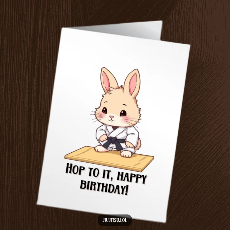 Funny Free Printable Birthday Card: A curious, fluffy rabbit in a judo uniform studies a mat intently. Hilarious downloadable art.