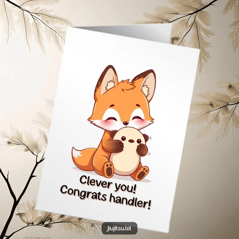 Free Printable Congratulations Card: A curious fox with perked ears practices a gentle submission hold on a toy, celebrating their success.