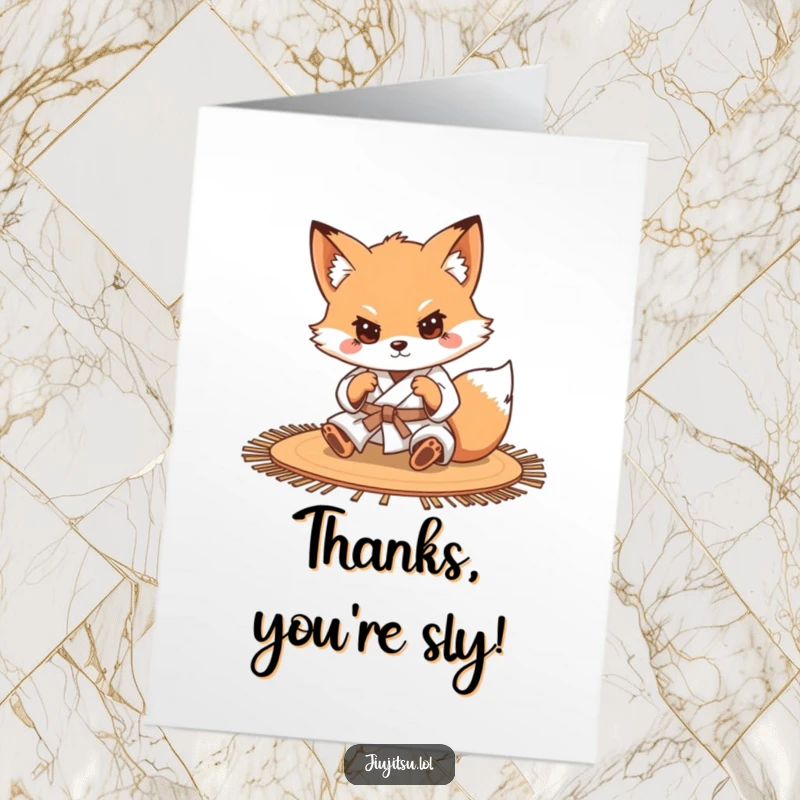 Funny Free Printable Thank You Card: A determined little fox in a gi rolls with precision on a mat. Humorous downloadable art.